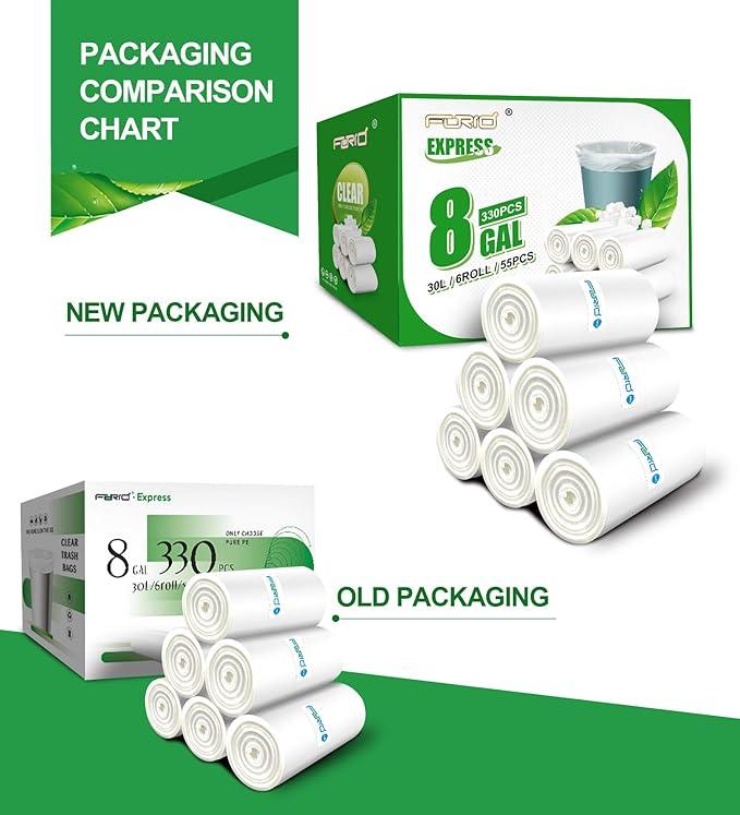 FORID Clear Trash Bags, 8 Gallon Garbage Bags, Wastebasket Bin Liners 330 Count Plastic Trash Bags for Bathroom Bedroom Office Garbage Can 30 Liters - Durable & Thick Trash Bag - Medium - NeatNest