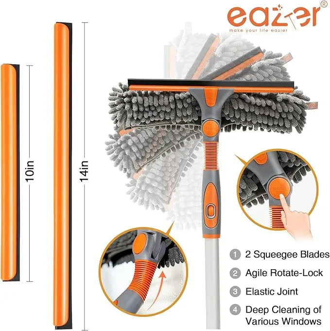 Eazer Squeegee Window Cleaner 2 in 1 Rotatable Window Cleaning Tool Kit with Elbow/Straight Extension Pole, 62‘’ Window Washing Equipment with Bendable Head for Indoor/Outdoor Car Glass - NeatNest