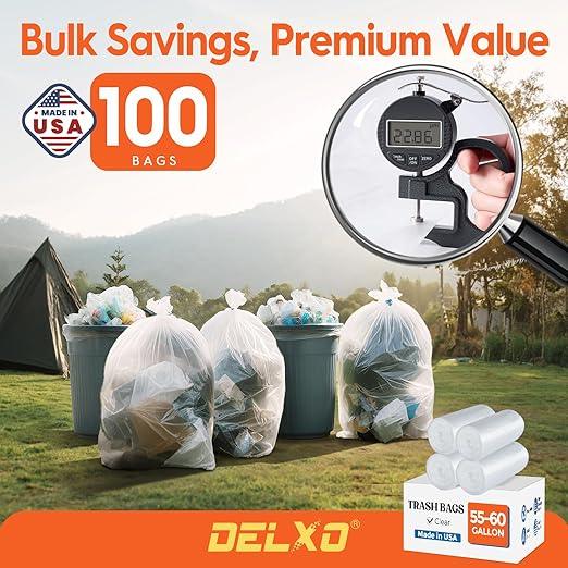 Delxo 55-60 Gallon Trash Bags, 100 Count – 0.9 Mil Medium Duty Garbage Bags, Durable & Puncture-Resistant Plastic Bolsas para basura, Perforated Design– Made in USA for Kitchen, Yard, Office (Clear) - NeatNest