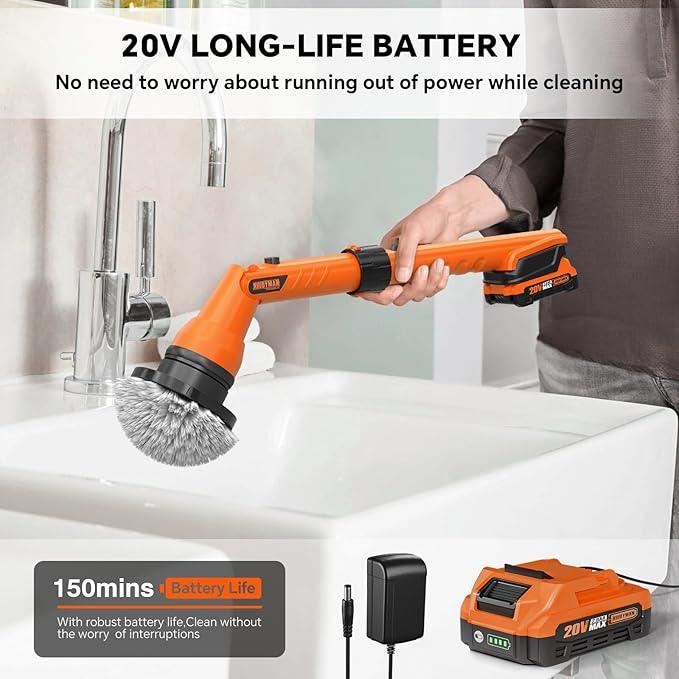 1000RPM Electric Spin Scrubber, 20V Cordless Cleaning Brush with Adjustable Extension Arm, 4 Replaceable Cleaning Heads, Hook and Gloves, 1 Hour Fast Charge, Waterproof - for Bathroom/Tub/Tile/Floor - NeatNest