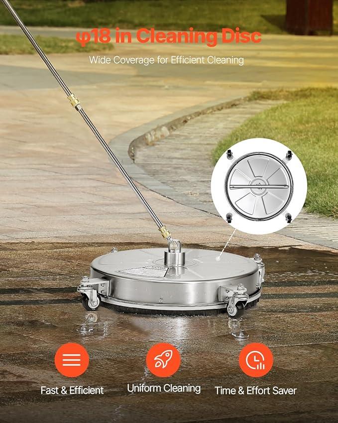 VEVOR 18" Pressure Washer Surface Cleaner, Stainless Steel Pressure Washer Attachments with 4 Wheels, 4000 Max PSI, 1/4 Quick Connector, 2 Spray Nozzles, 2 Extended Wands for Concrete, Patio, Deck - NeatNest
