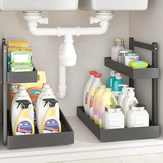 Under Sink Organizer - 1-Tier Pull Out Cabinet Organizer Vertical Slide Out Sink Shelf Storage Shelves for Multi-Purpose Bath Kitchen Bathroom Medicine (Black, 2 Packs) - NeatNest