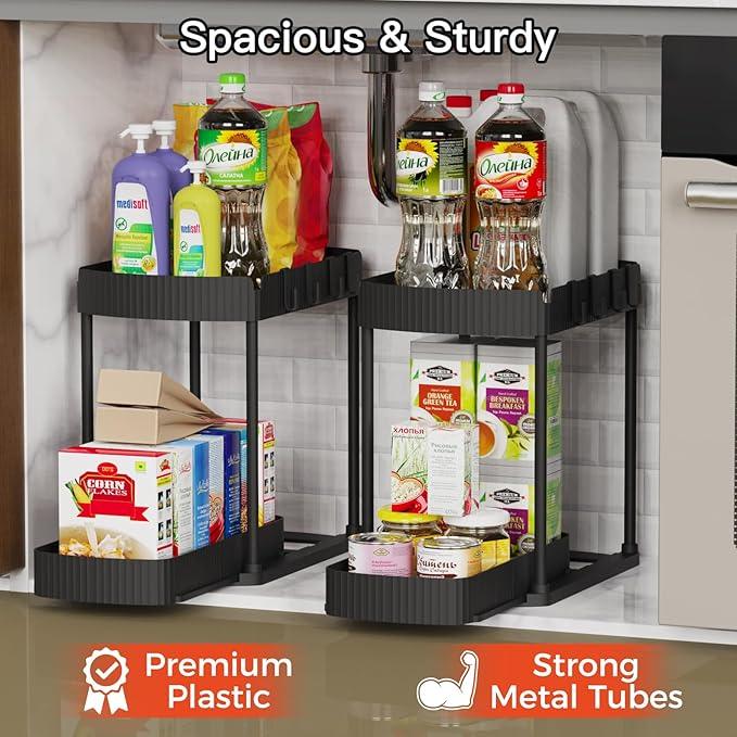2 Pack Multi-Purpose Pull-Out Storage Organizers, Under Sink Organizers and Storage for Bathroom & Kitchen, Under Cabinet Organizers and storage, 14.8 Inch, Black - NeatNest