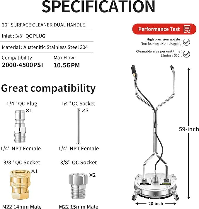 20" Pressure Washer Surface Cleaner Plus with 5 Nozzles Water Broom, Stainless Steel Dual Handle Power Washer Surface Cleaner Hot Water Supported for Patio Decker Concrete Driveway, 4000 PSI - NeatNest