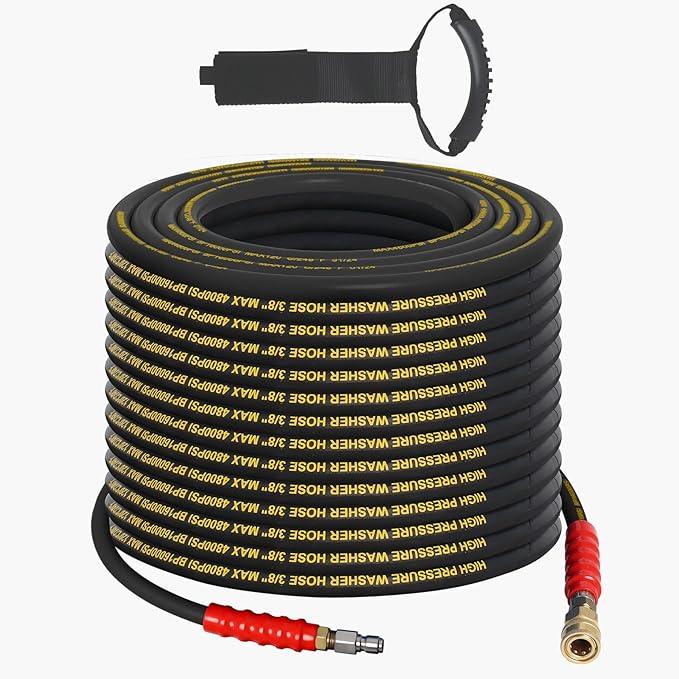 3/8" Pressure Washer Hose 100ft -Black 4800 PSI Kink Resistant Steel Wire Braided Industrial Grade Power Washer Hose for Hot/Cold Water up to 248°F with 2 M22 14mm Quick Connect Ends and Adapters Kits - NeatNest