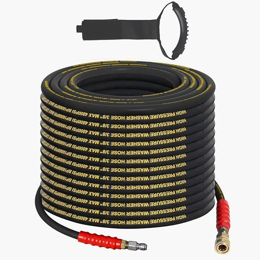 3/8" Pressure Washer Hose 100ft -Black 4800 PSI Kink Resistant Steel Wire Braided Industrial Grade Power Washer Hose for Hot/Cold Water up to 248°F with 2 M22 14mm Quick Connect Ends and Adapters Kits - NeatNest