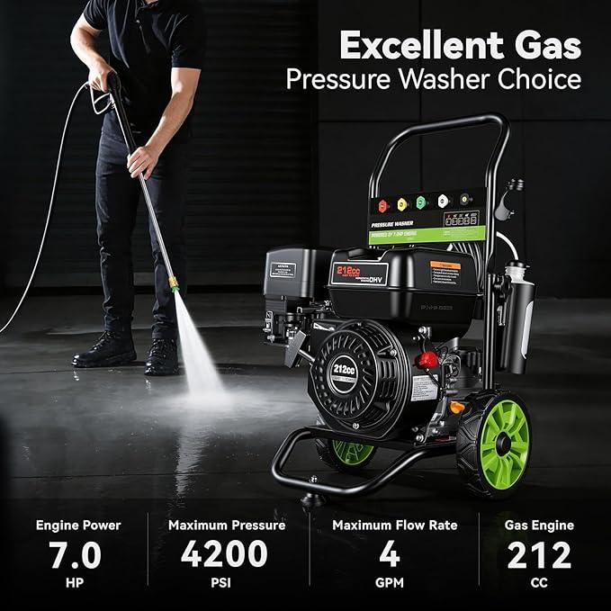 4200PSI Gas Pressure Washer 4.0GPM Gas Power Washer 212CC Gas Powered Washing Machine Commercial High Pressure Washer with 25ft Hose&5 Nozzles for Patio Garden Yard Vehicle,EPA/CARB/ETL (Black) - NeatNest