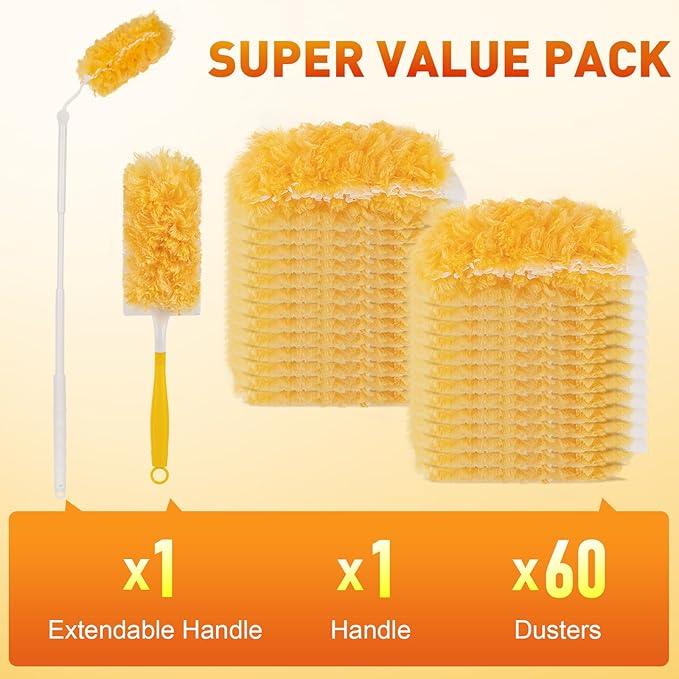 Heavy Duty Duster Refills, Disposable Dusters Kit for Cleaning Dusting Furniture Blind Ceiling Fan, Multi Surface 360 Feather Duster(60)+3FT Extended Handle +1 Handle - NeatNest