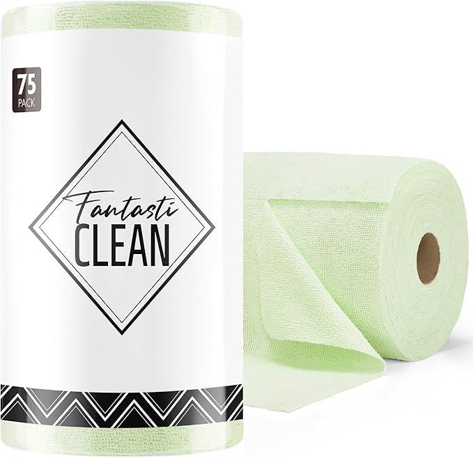 Fantasticlean Microfiber Cleaning Cloth Roll -75 Pack, Tear Away Microfiber Towels, 12" x 12", Reusable, Washable, Scratch Free, Ultra Absorbent Dish Rags for Car, Home, Garage or Shop (Green) - NeatNest