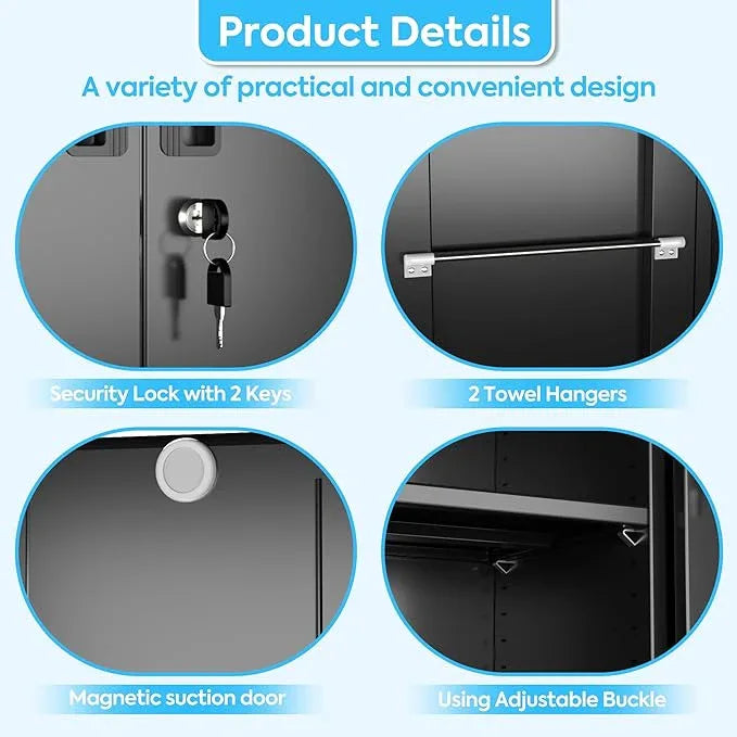 SUXXAN Broom Closet Storage Cabinet with Wheels 71.4"x 33.9"x16.9", Metal Cleaning Cabinets with Hooks and Hanging Rods, Lockable Cabinet with Pegboard, Adjustable Shelf,for Garage, Laundry Room - NeatNest