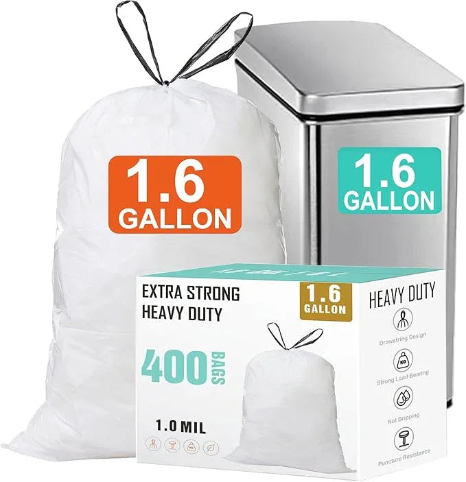 1.6 Gallon Drawstring Trash Bags (400 Count) 1.0 Mils Heavy Duty Small Garbage Bags Fit 4.5-8 Liter 1.2-2 Gal White Trash Bin Liners for Home Office Kitchen Bathroom Bedroom - NeatNest