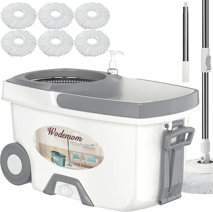 Mop and Bucket with Wringer Set,Spin Mop and Bucket System, Mops for Floor Cleaning,Household Supplies Tools with 6 Replacement Refills,61" Extended Handle for Household Hardwood Floor - White - NeatNest