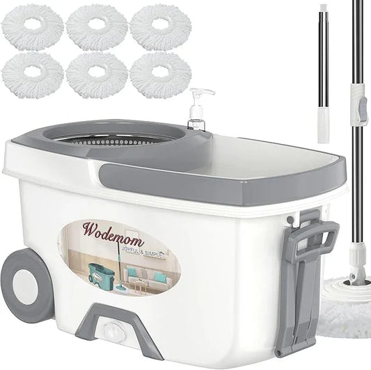 Mop and Bucket with Wringer Set,Spin Mop and Bucket System, Mops for Floor Cleaning,Household Supplies Tools with 6 Replacement Refills,61" Extended Handle for Household Hardwood Floor - White - NeatNest