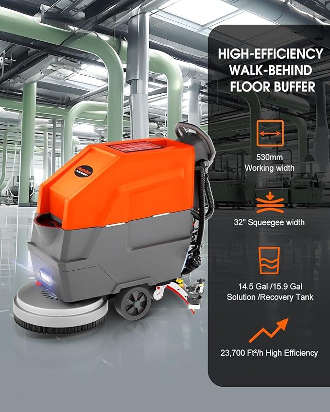 Walk Behind Commercial Floor Scrubber with 20" Ultra-Wide Scrubbing Path,High-pressure Watergun，LED Light，14.5 Gal Large Solution Tank,4 Hours Cordless Working Time,23,700 Sqft/h - NeatNest
