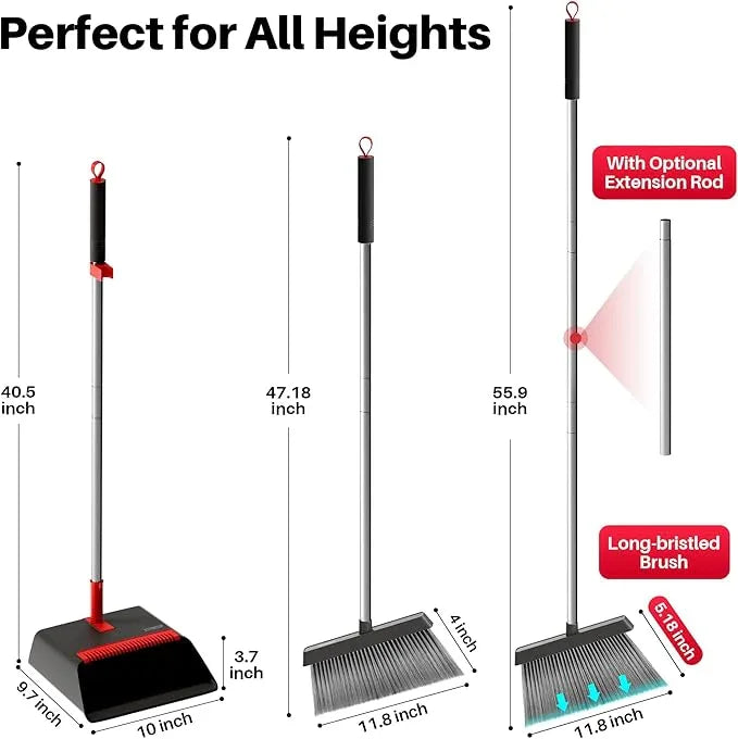JOYMOOP Black and Red Broom and Dustpan Set, Upright Angle Design with Built-in Comb Teeth for Home, Office, Hard Floors - NeatNest
