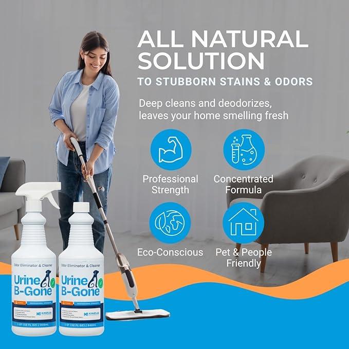 KINZUA ENVIRONMENTAL Urine B-Gone, Professional Enzyme Odor Eliminator & Pet Stain Remover, Human, Cat & Dog Urine Cleaner, Effective on Laundry, Carpets & More, Citrus Scent, 32oz, Pack of Two - NeatNest