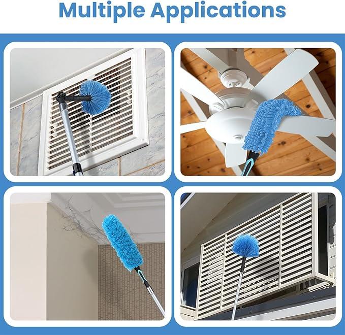 30ft High Ceiling Duster Kits with 5-24ft Heavy Duty Extension Pole - Fan Blade Cleaner, Cobweb Remover & Blue Window Squeegee Kit, Washable Dust Brush for High Roof and Glass Surfaces - NeatNest