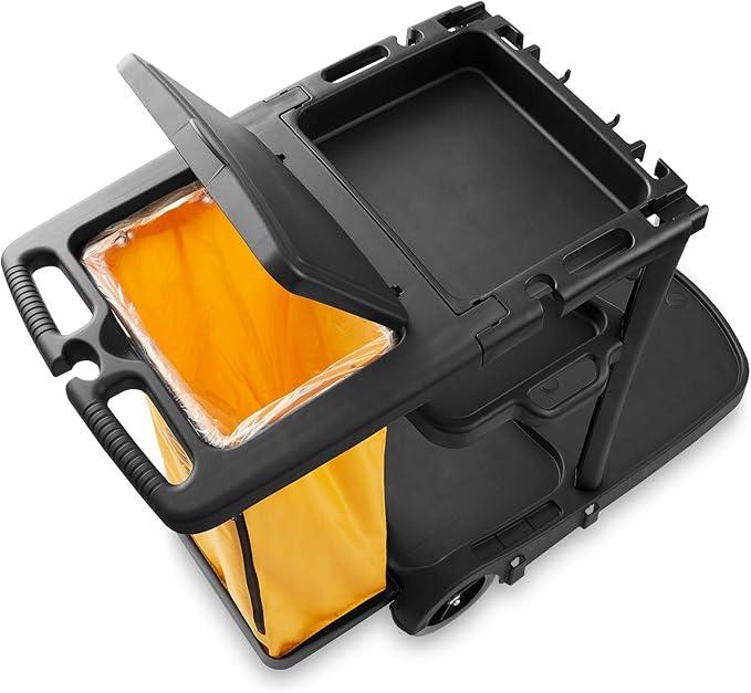 Dryser Commercial Janitorial Cleaning Cart on Wheels - Black Housekeeping Caddy with Cover, Shelves and Vinyl Bag - NeatNest