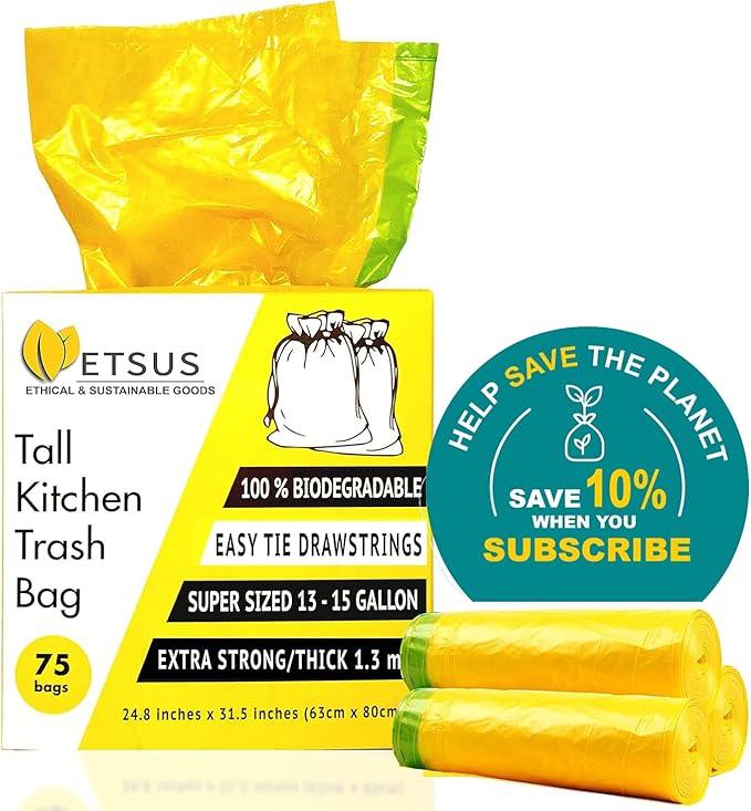 13 Gallon Biodegradable Trash Bags with Drawstrings, 75 Count Plant Based, Code Q Tall Kitchen Compost Bags 50 Liter Bin - Green Garbage Liners - 1.3 mil Thick Heavy Duty and Eco Friendly Trash Bags - NeatNest