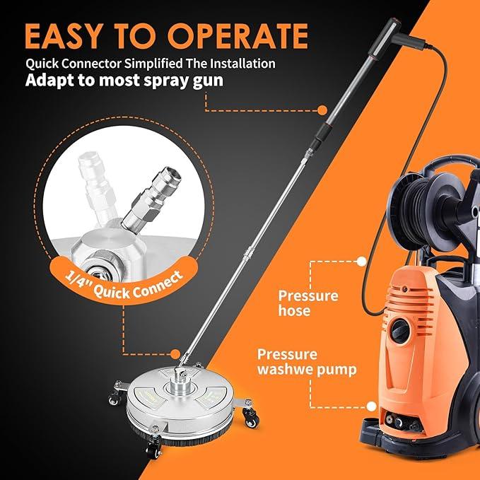 14" Pressure Washer Surface Cleaner, Stainless Steel Power Pressure Washer Attachment for Concrete, Patio, Driveway, Deck Cleaning, 2 Extension Wand Accessories, 1/4" Quick Connect, 4000 PSI - NeatNest