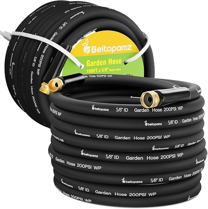 100 ft Garden Hose, 5/8 in Heavy Duty Water Hose, Flexible and Durable, Lightweight Rubber Hybrid Hose, Leak-Free Connections, Male to Female Fittings, BT100B, Black - NeatNest