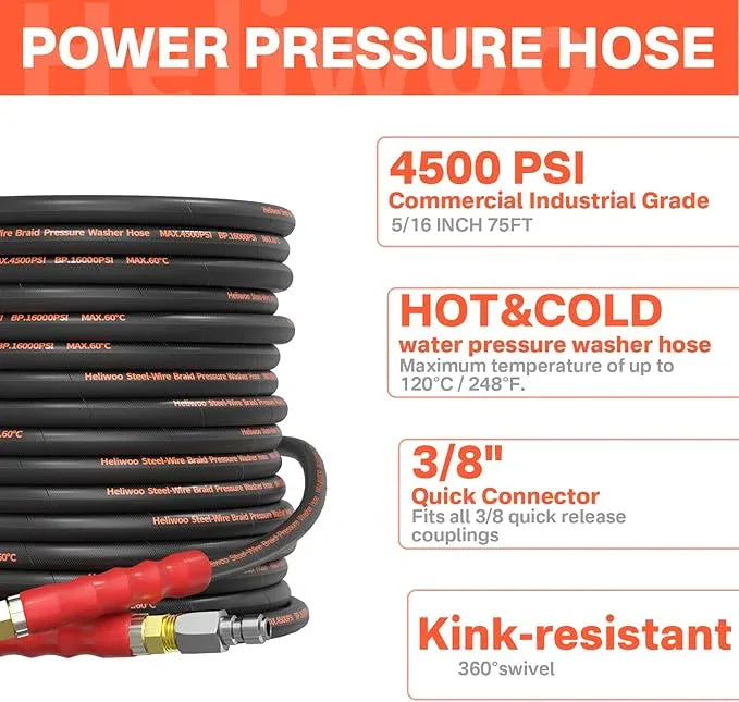 5/16" Pressure Washer Hose 75 FT×3/8 Inch 4500psi for Cold and Hot Water Max 140°F With 3/8 Inch Quick Connect Kink Resistant High Tensile Wire Braided - NeatNest