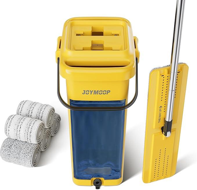 JOYMOOP Industrial Mop and Bucket Set, 17.7-inch Dust Mops for Floor Cleaning, Flat Mop Bucket with Wringer, Include 5 Reusable Microfiber Mop Pads - Yellow - NeatNest
