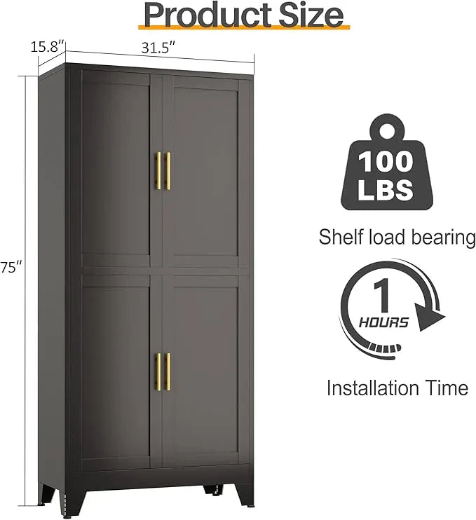 75" H Tall Kitchen Pantry Cabinet, Pantry Storage with Doors and 3 Adjustable Shelves, Metal Storage, Cupboard for Kitchen, Black - NeatNest
