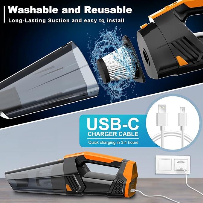 Car Vacuum Portable with LED Light, High Power Suction, Lightweight Rechargeable Hand Vacuum, Hand Held Vacuum Cleaner for Car Home Office, Pet Hair, Orange - NeatNest