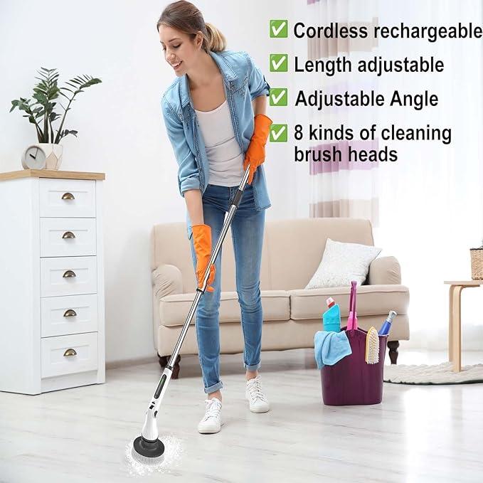 Electric Spin Scrubber, 8 in 1 Electric Cleaning Brush, Cordless Rechargeable Scrub Brush with 8 Replaceable Brush Heads, Adjustable Length and Angle Power Scrubber for Bathroom Tile Bathtub Glass - NeatNest