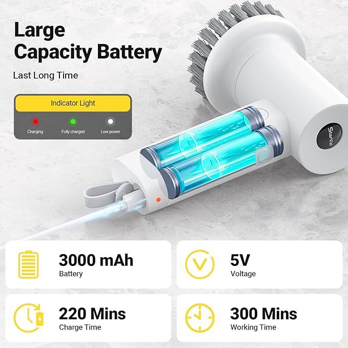 Electric Spin Scrubber, 3000 mAh Cordless Power With 8 Replaceable Heads, Dual Speed Lightweight Handheld for Cleaning Stove/Bowl/Sink/Corner/Tile/Grout (White) - NeatNest