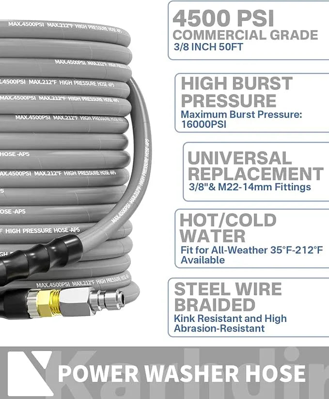 Pressure Washer Hose 50FT 3/8" for Cold and Hot Water 212°F, with Swivel Quick Connect, 4500PSI Kink Resistant Grade Steel Wire Braided, Power Washer Hose With 2pcs M22-14mm Adapter - NeatNest