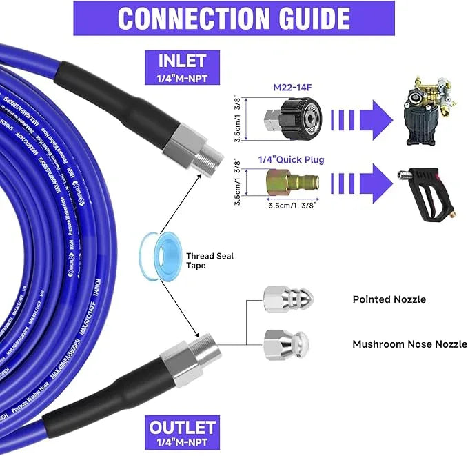 NIFUAL 25FT Sewer Jetter Kit for Pressure Washer, 5800PSI Drain Cleaner Hose 1/4 Inch NPT Corner, Rotating and Button Hose Sewer Jetting Nozzle Waterproof Tape Pearl Corsage Pin Spanner Glove - NeatNest