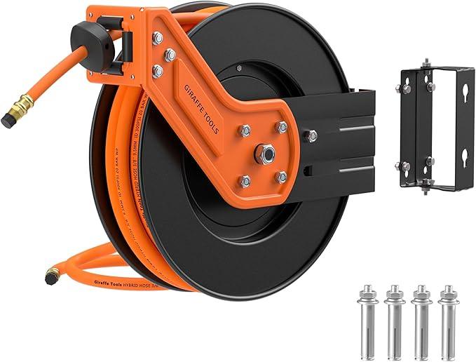 Giraffe Tools TA15 Retractable Air Hose Reel Swivel 3/8" x 50 ft Hybrid Hose, Max 300 PSI, Ceiling/Wall Mounted Heavy Duty Industrial Commercial Air Compressor Hose Reel, 50ft, Tangelo - NeatNest