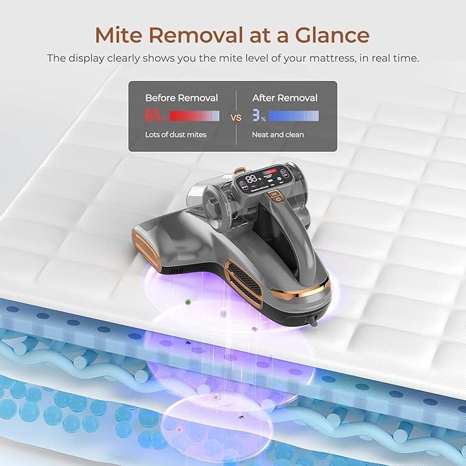 JIGOO T600 Bed Vacuum Cleaner with UV-C Light, 15Kpa Suction 700W Powerful Double Cup Handheld Vacuums, Mattress Vacuum Cleaner with Smart Dust Sensor, Ultrasonic & Heating Tech, HEPA Filter - Corded - NeatNest