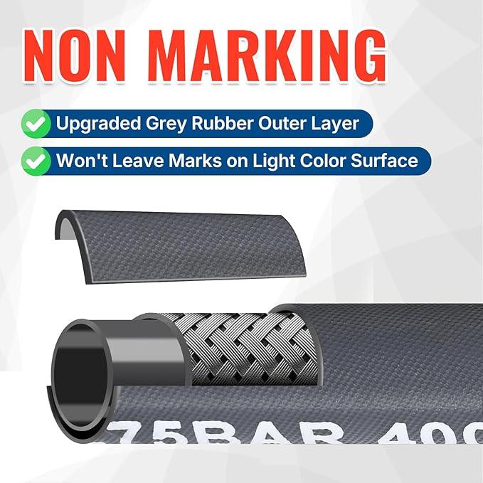 YAMATIC Pressure Washer Hose 50 FT, 5/16" Non-Marking Hot Water Use, 4000 PSI Steel Wire Braided Rubber Jacket – Replacement Power Washer Hose for Commercial Use - NeatNest