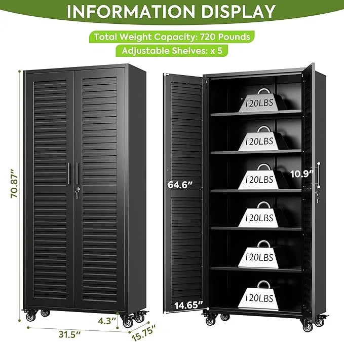 SUXXAN Garage Storage Cabinet with Wheels Pegboard and 5 Adjustable Shelves, 71"x 31.5"x15.8" Metal Lockable Cabinet with Louvered Doors, Tool Storage, Home Office Garage, Gym, School (Black) - NeatNest