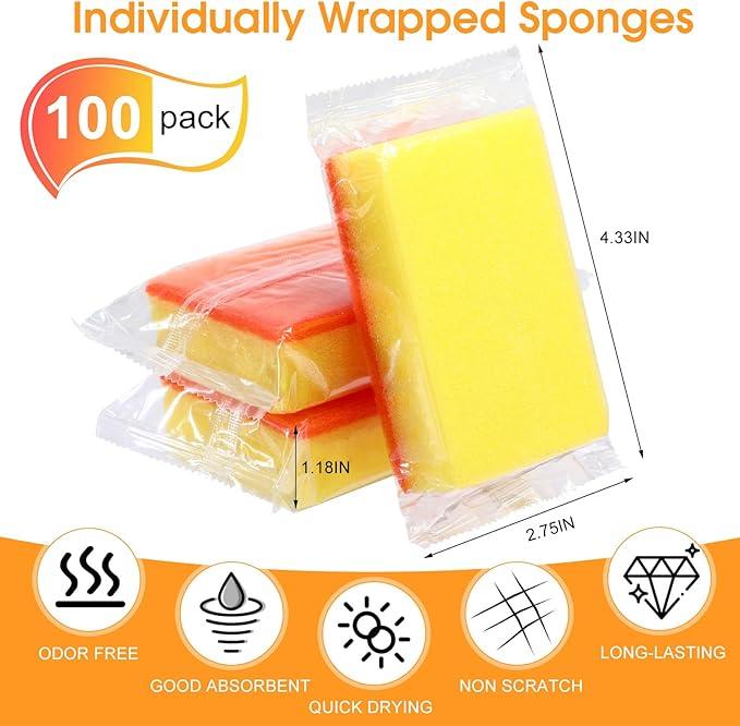 Tioncy 100 Pcs Individually Wrapped Sponges Bulk Kitchen Orange Non Scratch Scrub Sponges Dual Sided Cleaning Scrubber for Household Washing Dishes, Pots, Pans, Sinks, Stoves, Appliances, Car, Bike - NeatNest