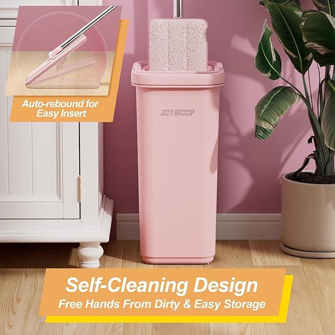 JOYMOOP Pink Mop and Bucket with Wringer Set for Home, with 3 Reusable Microfiber Mop Pads, Hands-Free Self-Cleaning System, Suitable for Floor Cleaning and Wall Cleaner - NeatNest