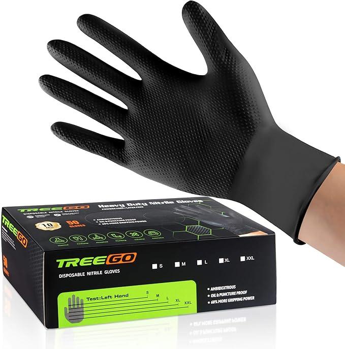 TREEGO Black Nitrile Gloves 10 Mil Heavy Duty Rubber Gloves - Raised Diamond Texture Grip for Mechanics & Industrial Work - Latex Free Disposable Gloves in Medium, 50 Count - NeatNest