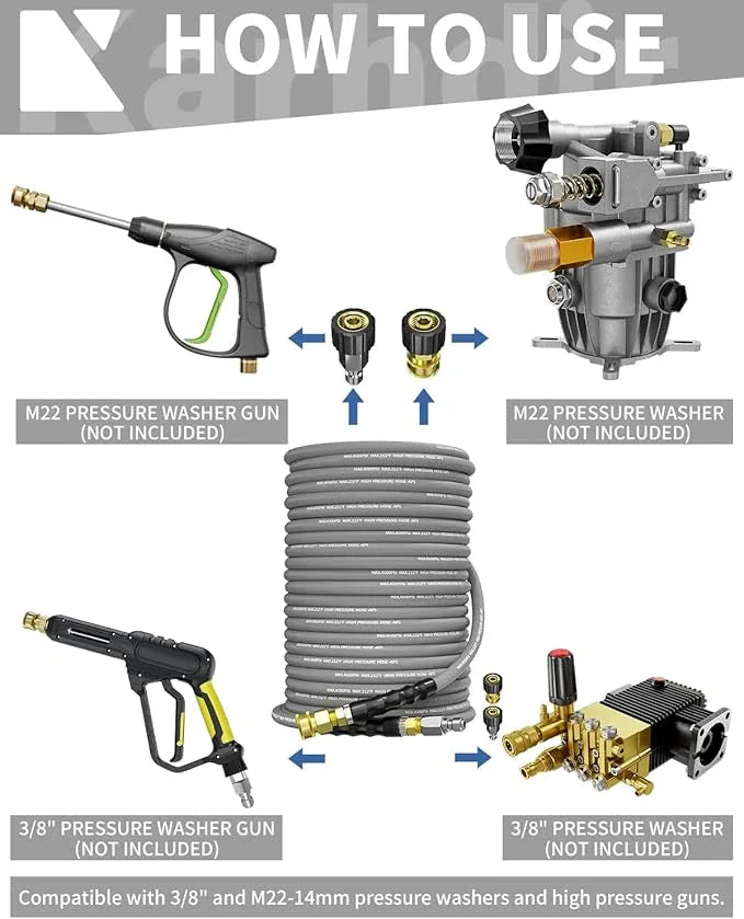 Pressure Washer Hose 50FT 3/8" for Cold and Hot Water 212°F, with Swivel Quick Connect, 4500PSI Kink Resistant Grade Steel Wire Braided, Power Washer Hose With 2pcs M22-14mm Adapter - NeatNest