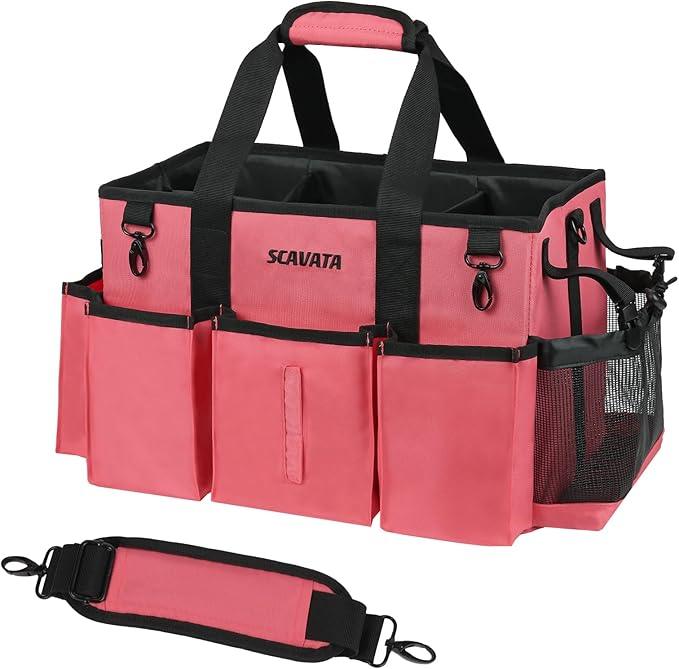 Wearable Cleaning Caddy Bag, Cleaning Caddy Supplies Organizer with Handle & Shoulder Straps for Housekeepers, Under Sink & Car Cleaning Tool Organizers with 4 Foldable Divider (RoseRed) - NeatNest