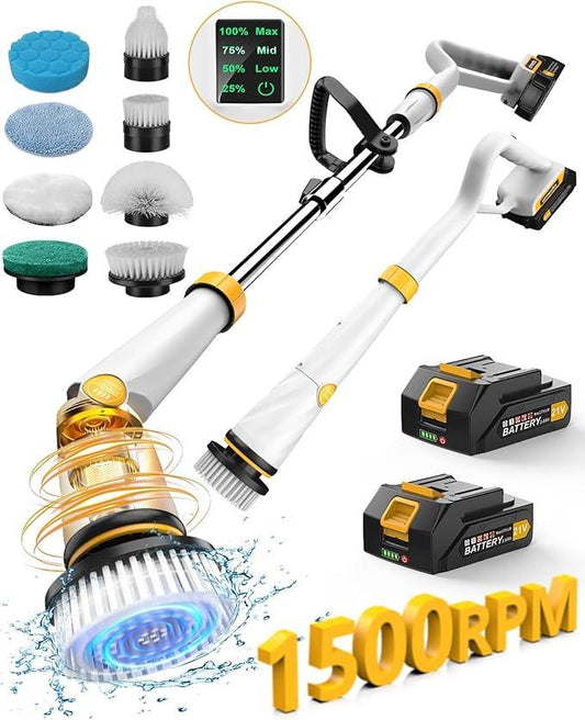 Qimedo Electric Spin Scrubber with Two Batteries Q2 Pro,1500 RPM High Power Electric Scrubber for Cleaning,Shower Cordless Cleaning Brush with Display for Tub/Tile/Floor (Effortless Handle/8 Brushes) - NeatNest