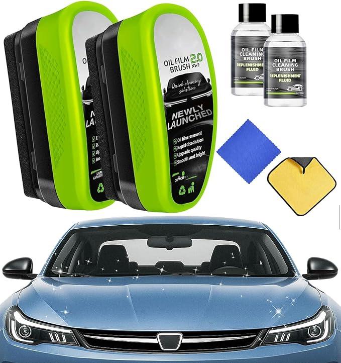 ClearVision 2.0 Car Glass Cleaning Kit, 2-Pack Glass Scrubber & 2 Microfiber Towels & 2 Refill Liquid, Universal Windshield Care Tool for Automotive Windows, Streak-Free Maintenance - NeatNest