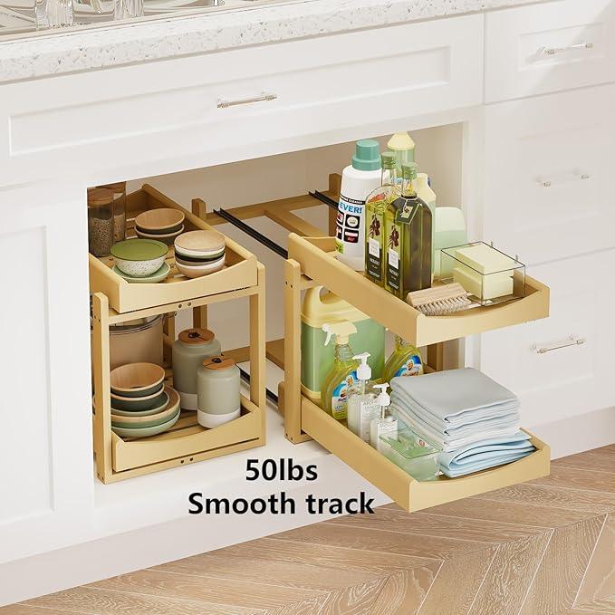 Bamboo Under Sink Organizer Adjustable Height 2 Tier Bathroom Organizer Pull Out Cabinet Storage Kitchen Heave Duty Wood Slide Ou Shelf for Kitchen Bathroom (Nature, 2 Packs) - NeatNest