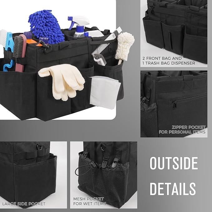 Wearable Cleaning Caddy Organizer with Handle & Shoulder Straps for Housekeepers, Under Sink & Car Cleaning Tool Organizer Bag with 4 Foldable Dividers (Black) - NeatNest