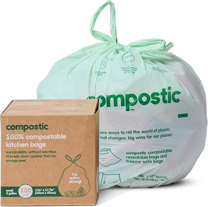 Compostic Home Compostable Trash Bags, 3 Gallon Small Kitchen Rubbish Bags (17” x 17.7”), Extra Strong & Quickly Breaks Down, 100 Count - NeatNest
