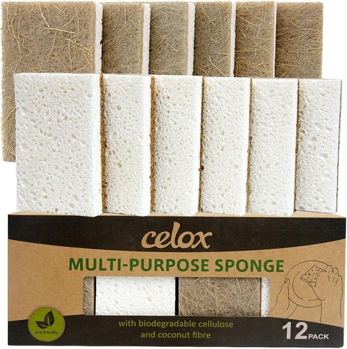 CELOX 12 Pack Coconut Fiber Biodegradable Sponges, Non Scratch Kitchen Cleaning Sponge, Eco-Friendly Dual-Sided Sponge for Dishwashing - NeatNest