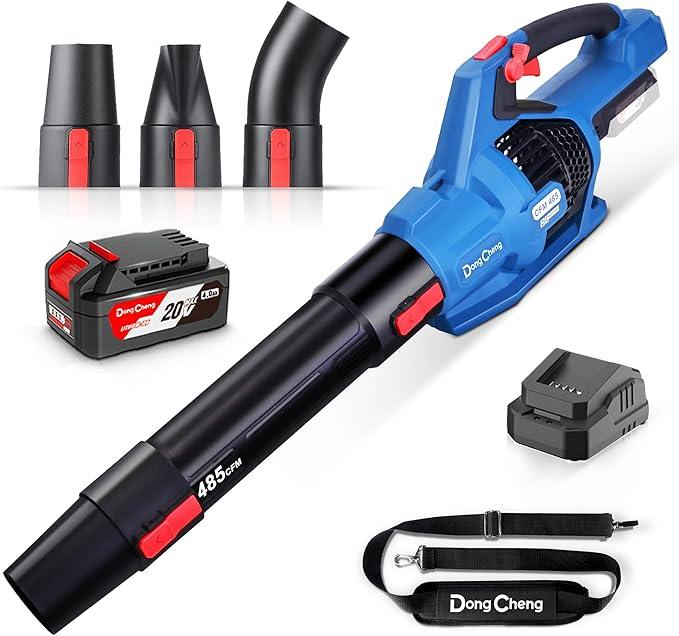 Dong Cheng Brushless 20V Leaf Blower, 485 CFM Variable Speed & Turbo Mode, Cordless Leaf Blower with 3 Nozzles, Shoulder Strap, 4.0Ah Battery and Charger, Blowing Leaves for Patio, Lawn & Garden - NeatNest