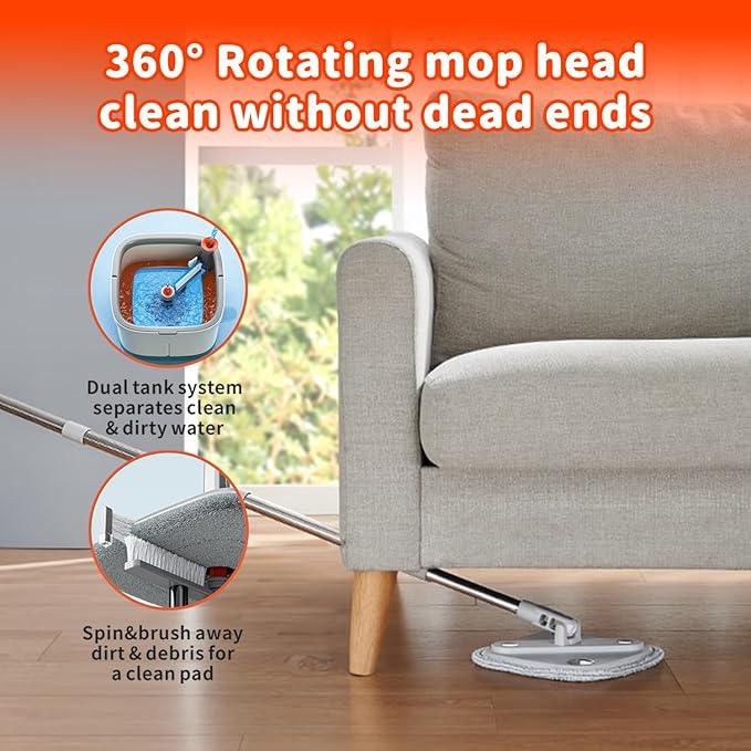 Spin Mop and Bucket Set with Self Separation System 360° Spinning Self-Wringing, Square Clean Mop and Bucket with Wringer-with Replaceable Mop (Light Grey Mop and Bucket Set 10pads) - NeatNest
